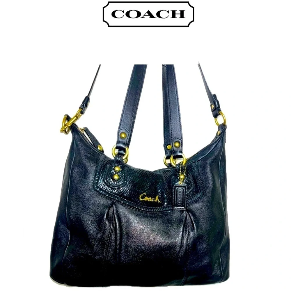 COACH Ashley Black Leather Python Trim Purse Shoulder Hobo Handbag F20104